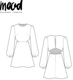 the front and back view of an unlined dress with long sleeves, as well as a