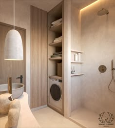 a bathroom with a washer and dryer in the corner next to a sink