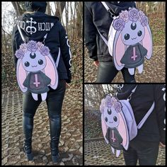 Details: ★ Size of the bag: Approx 28cm x 32cm ★ Size of the bunny: Approx 33cm x 46cm ★ Insert: you can switch between cross and without cross ★ You can wear it as Crossbody or normal bag  ★ What fits in the bag? For example: A smartphone, a Baphomet Plushie,  a switch, pocky's,  pink bottle (i choose 0,5l), notebook, keychain,  a mask, a tablet, a wallet, 3 Candy bars, a deodorant, Stickers and some space for small things like a pen or pills or something else Matching pins can be found here: https://www.etsy.com/de/shop/LusAmigurumi?section_id=30492232 Thank you so much for your support <3 Jax Aesthetic, Shoping Cart, Halloween Rabbit, Hello Kitty Outfit, Perky Goth, Punk Pastel, Goth Purse, Pastel Punk, Pastel Goth Outfits