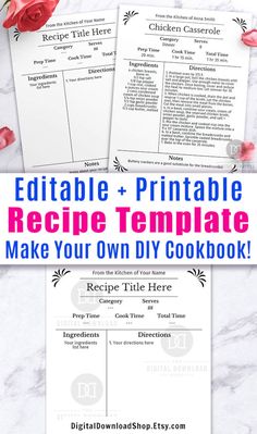 the editable recipe template is shown on top of a marble table with red roses