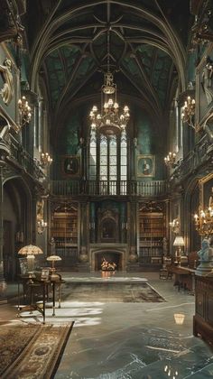 a large room with chandeliers and tables in it