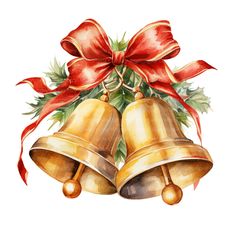 a watercolor painting of two bells with holly and red bow on top, surrounded by ribbon