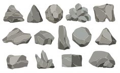 various rocks and boulders are shown on a white background, each with different shapes and sizes