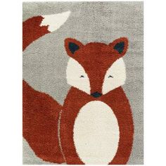 a red and white rug with a fox design on the front, in grey background