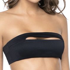 Pilyq Women's Black Bandeau Bikini Top Nwt -Perfect Condition, Brand New With Tags -Ribbed Texture -Ties At Back -Removable Halter Strap -Lined, Not Padded -Split Front Detailing Nylon/Spandex -Color: Black Pearl -Size: Large Black Stretch Beachwear Tube Top, Black Strapless Swimwear, Black Tube Top With Built-in Bra For Beach, Bandeau Tube Top For Night Out During Beach Season, Black Bandeau Tube Top For Swimming, Black Bandeau Swimwear For Night Out, Black Strapless Seamless Swimwear, Black Strapless Tube Top For Poolside, Strapless Seamless Swimwear For Party