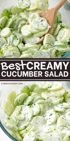 cucumber salad in a glass bowl with a wooden spoon on the side and text overlay that reads best creamy cucumber salad