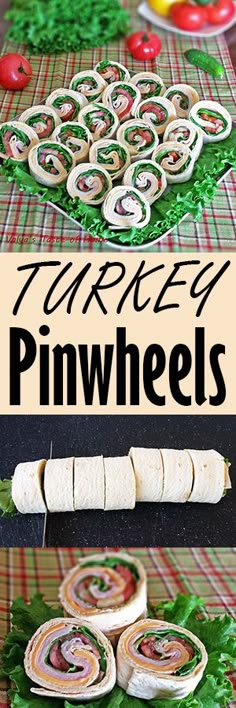 this is an image of turkey pinwheels with lettuce and tomatoes