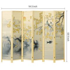 Unveil tranquility with a 6-panel freestanding wooden room divider, adorned with a sunset waterscape inspired by traditional Asian art. Its six foldable panels, linked by dual-action metal hinges, effortlessly adapt to any space, folding down for convenient storage. The woven bamboo paneling showcases a double-sided autumn scene with a ginkgo biloba tree, blue flycatcher birds, a lone sampan fisherman, and a setting sun over foggy waters and mountains. The solid pine wood frame, finished in neut How To Divide A Room Ideas, Victorian Room Divider, Gingko Biloba Tree, Massage Room Design, Folding Screen Room Divider, Gingko Biloba, Bamboo Room Divider, Asian Artwork, Wooden Room Dividers