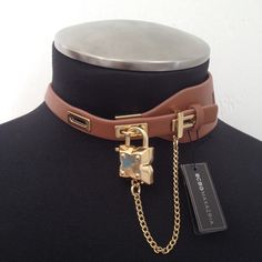 Bcbgmaxazria Bcbg Choker Collar Necklace New With Tag Brown Vegan Leather Gold Toned Lock And Chain Adjustable One Size "Cognac" Brown Statement High Fashion Jewelry Human Collars And Leash, Leather Collar Necklace, Posture Collar, Locking Collar, Gold Collar Necklace, Day Collar, High Fashion Jewelry, Leather Choker Necklace, Choker Collar Necklace