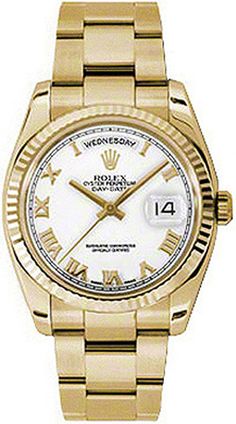 118238 | M118238-0162 ROLEX DAY-DATE MEN'S OR WOMEN'S LUXURY WATCH Store Display Model (What's This?) - Free Overnight Shipping - With Manufacturer Serial Numbers - Swiss Made - White Dial with Roman Numerals - Solid 18k Yellow Gold Fluted Bezel - Day and Date Features - Self-winding Automatic Chronometer Movement - 6 Year Warranty - Guaranteed Authentic - Certificate of Authenticity - Manufacturer Box & Manual - Solid 18k Yellow Gold Case & Oyster Bracelet - Scratch Resistant Sapphire Crystal - 100 Meters / 330 Feet Waterproof - 36mm = 1 1/3" Case, 6.5" Adjustable Bracelet - Deployment Buckle - Screw Down Crown & Caseback - Free Bracelet Sizing     Also Known As Model # 118238-WHTRFO White Dial Watch, Womens Watches Luxury, Rolex Oyster Perpetual, Free Bracelet, Luxury Products, Rolex Day Date, Oyster Perpetual, Gold Case, White Dial