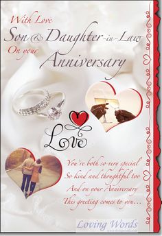 an anniversary card with two rings and hearts