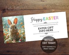 an easter bunny gift card with the words happy easter on it and a photo of a bunny