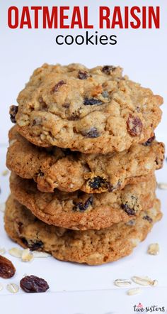 oatmeal raisin cookies stacked on top of each other with text overlay