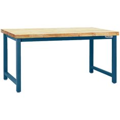 a wooden table sitting on top of a white floor next to a blue metal frame