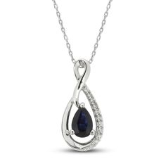 A stunning pear-cut natural blue sapphire rests gently within a teardrop-shape setting adorned with shimmering diamond accents in this stylish women's necklace. Crafted of 10K white gold, the 18-inch cable chain secures in place with a lobster clasp. White Gold Sapphire Teardrop Pendant Jewelry, White Gold Sapphire Teardrop Pendant Necklace, Sapphire Teardrop Pendant Necklace, Elegant Sapphire Teardrop Pendant Necklace, Blue Pear-shaped Sapphire Necklace, Jared The Galleria Of Jewelry, Blue Sapphire Necklace, Natural Blue Sapphire, Sapphire Stone