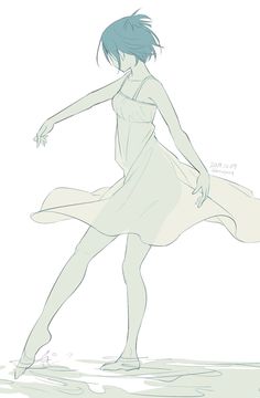 a drawing of a woman in a white dress standing on one leg with her legs spread out