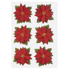 four red poinsettia flowers with green leaves