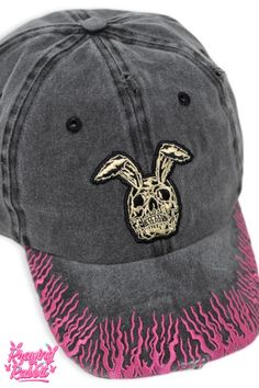 This vintage rabbit skull hat is perfect for anyone who loves the grunge aesthetic style. The 3D puff embroidered design and the flames on the brim give it a unique look, and the adjustable closure ensures that it will fit most head sizes. It's made of 100% cotton and has been custom washed to create a distressed, grunge effect. Shop now at PrayingRabbit.com! Grunge Style Aesthetic, Grunge Effect, Skull Hat, Vintage Rabbit