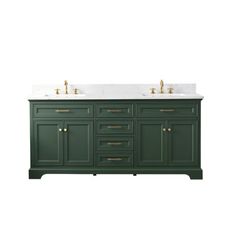 a bathroom vanity with two sinks and green cabinetry on the top, against a white background