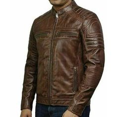 Description The distressed brown cafe racer jacket will always remain a staple in men fashion regardless of the changing trend. It's made up of genuine leather and features a viscose lining. Additional features include zip fastener, four external pockets and decorative seams. Material: Genuine Leather lined with Polyester Key Features: Zip Closure, Erect Collar and lining on shoulder / Sleeves Pockets: Four External Pockets, and Two Internal Pockets Color: Distressed Brown Order Processing & Shi Quilted Leather Jacket, Man Cafe, Brown Cafe, Leather Jacket Men Style, Cafe Racer Jacket, Racer Jacket, Vintage Motorcycle, Mens Vintage, Brown Jacket