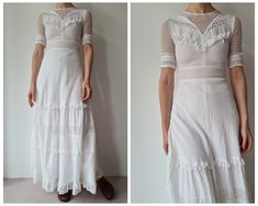 Seventies white cotton maxi dress. This dress has a V-neck with lace netting, lace net sleeves, and a skirt with lots of ruffles at the bottom hem. It's made of a gauze cotton fabric, doubled at the top so its not entirely sheer, and the skirt is lined with a satiny ( viscose?) fabric. There is a long zipper on the back, the bodice is fitted and the skirt flares out towards the bottom hem. The skirt has some pintucking, lace ruffles and lace insets. The floral lace used in the dress is probably White Cotton Maxi Dress, Net Sleeves, 100 Questions, Ruffle Maxi Dress, Cotton Maxi Dress, Cotton Maxi, Maxi Dress Cotton, Lace Inset, Ruffled Maxi Dress