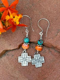 Sterling Silver Southwestetn Cross Dangle Earrings, with Spiny Oyster and Turquoise. Southwest Summer Boho!  on Sterling Earwire. 2.5 inches long Earrings Western, Southwestern Jewelry, Summer Boho, Orange And Turquoise, Spiny Oyster, Western Jewelry, Southwestern Style, Cross Earrings, Boho Summer