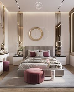 a bedroom with a large bed and two stools in front of the mirror on the wall