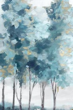 an abstract painting of trees with blue and yellow leaves