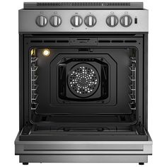 an oven with the door open and lights on it's front burners are shown