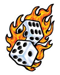 a pair of dices with flames on the side and one in the middle is burning