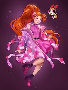 a cartoon girl with long red hair and pink dress, flying through the air in front of