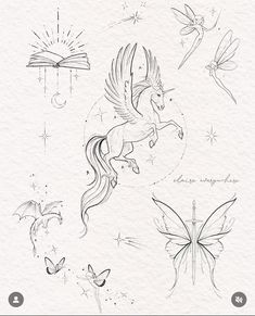 a drawing of some animals and butterflies