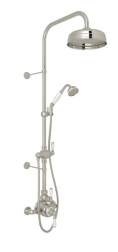 the shower head and handset are shown with an overhead hand shower faucet