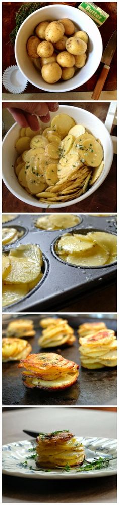 the process of making potato pancakes is shown in four different stages, including baking them