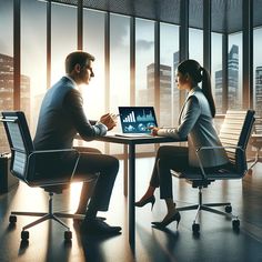 two business people sitting at a table in front of a laptop computer with graphs on the screen