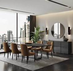 a dining room table with chairs and a large mirror on the wall next to it