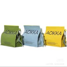 three different colored bags with the word aora on them