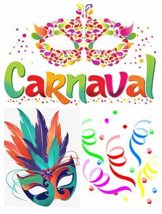 colorful carnival masks and confetti with the words carnival