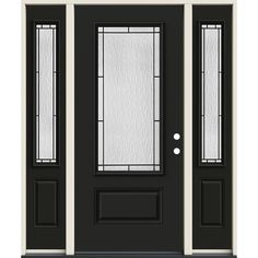 a black door with two sidelights and glass panels