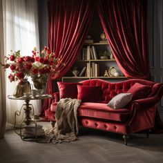 a red couch sitting in front of a window with curtains on it's sides