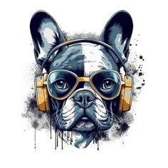 a dog with headphones and glasses on it's face, wearing headphones