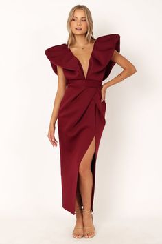 Augie Frill Shoulder Maxi Dress - Burgundy - Petal & Pup USA Wedding Swimwear, Satin Dresses Long, Plunging Neck Dress, Winter Wedding Guest Dress, Fall Wedding Guest Dress, Resort Dresses, Essential Dress, Usa Dresses, Dresses By Length