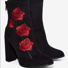 Intentionally Blank Shoes | Intentionally Blank Rosa Embroidered Boot In Black | Color: Black | Size: 7 Red High Heel Boots, Black High Heel Boots, Embroidered Boots, Zipper Boots, Pretty Shoes, Heel Boots, High Heel Boots, Suede Boots, Cute Shoes