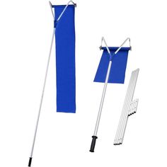 two blue and white clothes hangers next to each other on a metal rack with an umbrella