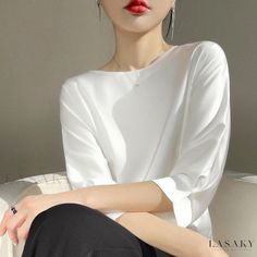 Lasaky - Satin Silk Blouse with Loose Design and Chiffon Top Elegant White Plain Blouse, Elegant Plain White Blouse, Sleeve Stencil, Satin Silk, Chiffon Top, Olivia Mark, Silk Blouse, Chiffon Tops, Types Of Collars