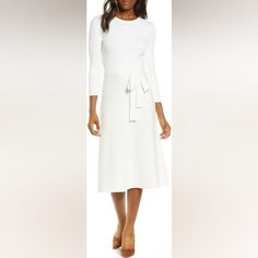 A Matching Tie Accentuates The Waist Of A Refined Fit-And-Flare Dress That Takes You Stylishly From Work To The Weekend. 41" Length (Size Medium) Slips On Over Head Crewneck Three-Quarter Sleeves Optional Sash At Waist 65% Rayon, 35% Nylon Hand Wash, Dry Flat Unlined **Stock Photos Of The Black Version Shown Since That Color More Easily Shows The Dress! A Bit Wrinkled From Storage White A-line Midi Dress Fit And Flare, White A-line Fit And Flare Midi Dress, White Knee-length Fit And Flare Midi Dress, White Fit And Flare Knee-length Dress, White A-line Midi Dress, White A-line Dress For Fall, Spring White Fit And Flare Midi Dress, Chic White Fit And Flare Dress, Elegant Winter White Dress For Fall