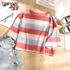 Shipping: Worldwide Express Shipping AvailableDelivery time: 🚚7-15Days Fast ShippingReturns: Fast refund,💯100% Money Back Guarantee.Style: CasualOrigin: Mainland ChinaClothing Length: ShortDecoration: NONESleeve Style: RegularFabric Type: BroadclothMaterial: CottonMaterial: PolyesterPattern Type: stripedSleeve Length(cm): ShortFit: Fits true to size, take your normal sizePattern Them: OtherTops Type: TeesSeason: SummerItem Type: TopsGender: WOMENCollar: O-NeckModel Number: Women Tshirt Y2k Top Harajuku Style Multicolor Summer Tops, Summer Multicolor Harajuku Tops, Harajuku Style Multicolor Cotton Tops, Multicolor Cotton Harajuku Tops, Harajuku Long Sleeve T-shirt For Summer, Multicolor Kawaii Tops With Letter Print, Y2k Striped Cotton Tops, Oversized Kawaii Cotton Top, Oversized Cotton Kawaii Tops