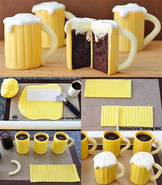 there are several different pictures of coffee mugs made out of cake and marshmallows