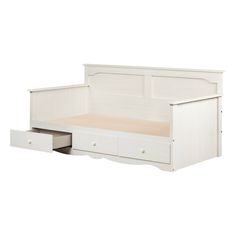 a white bed with drawers underneath it and an open drawer on the bottom half of the bed