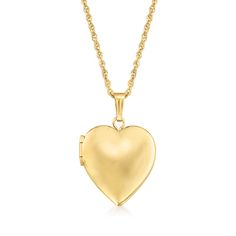 Ross-Simons - Plain - 14kt Yellow Gold Heart Locket Necklace. 20". Make her day with our luxe symbol of love! Crafted in polished 14kt yellow gold, our heart locket necklace is a timeless choice for so many occasions. Fits a 5/16" x 3/8" photo inside. Suspends from a rope chain. Springring clasp, 14kt yellow gold heart locket necklace. Yellow Gold Heart Cut Locket Necklace For Anniversary, Classic Heart Shaped 14k Gold Locket Necklace, Classic 14k Gold Heart Locket Necklace, Classic Gold Locket Necklace With Heart Charm, Classic Yellow Gold Locket Necklace With Heart Charm, Classic Yellow Gold Heart Locket Necklace, Elegant Yellow Gold Locket Necklace For Valentine's Day, Classic Heart Locket Necklace, Classic Locket Jewelry For Valentine's Day